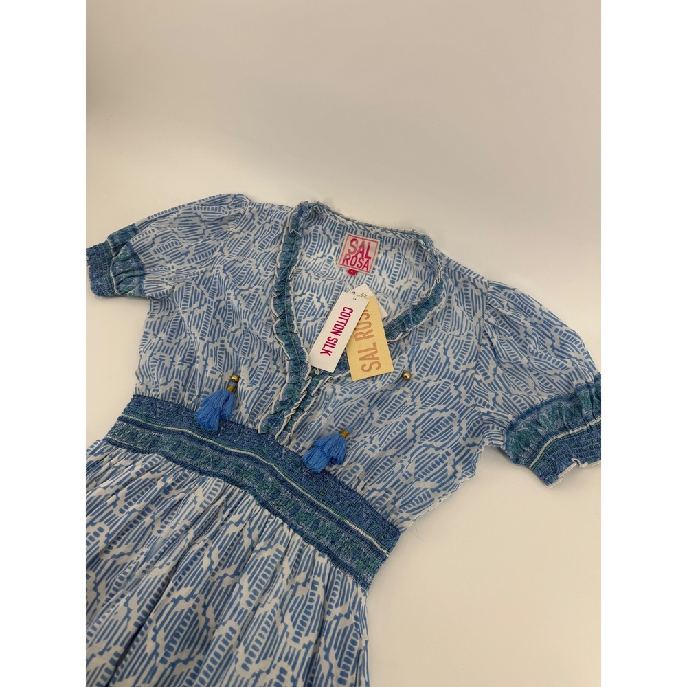 Sal Rosa Molly Mini Dress Blue‎ White Cotton Silk Block Print Tassel Smocked L